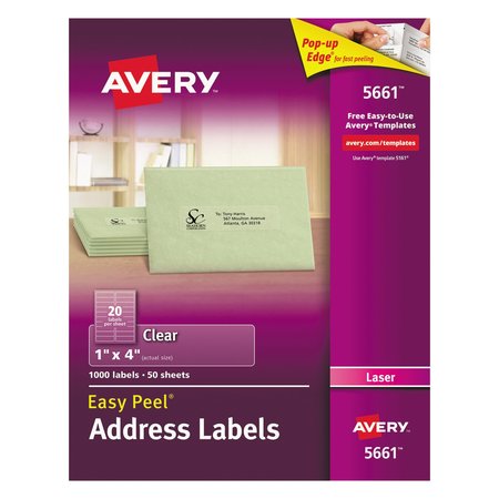 AVERY DENNISON Clear Address Labels, Laser, 1"x4", PK1000 5661